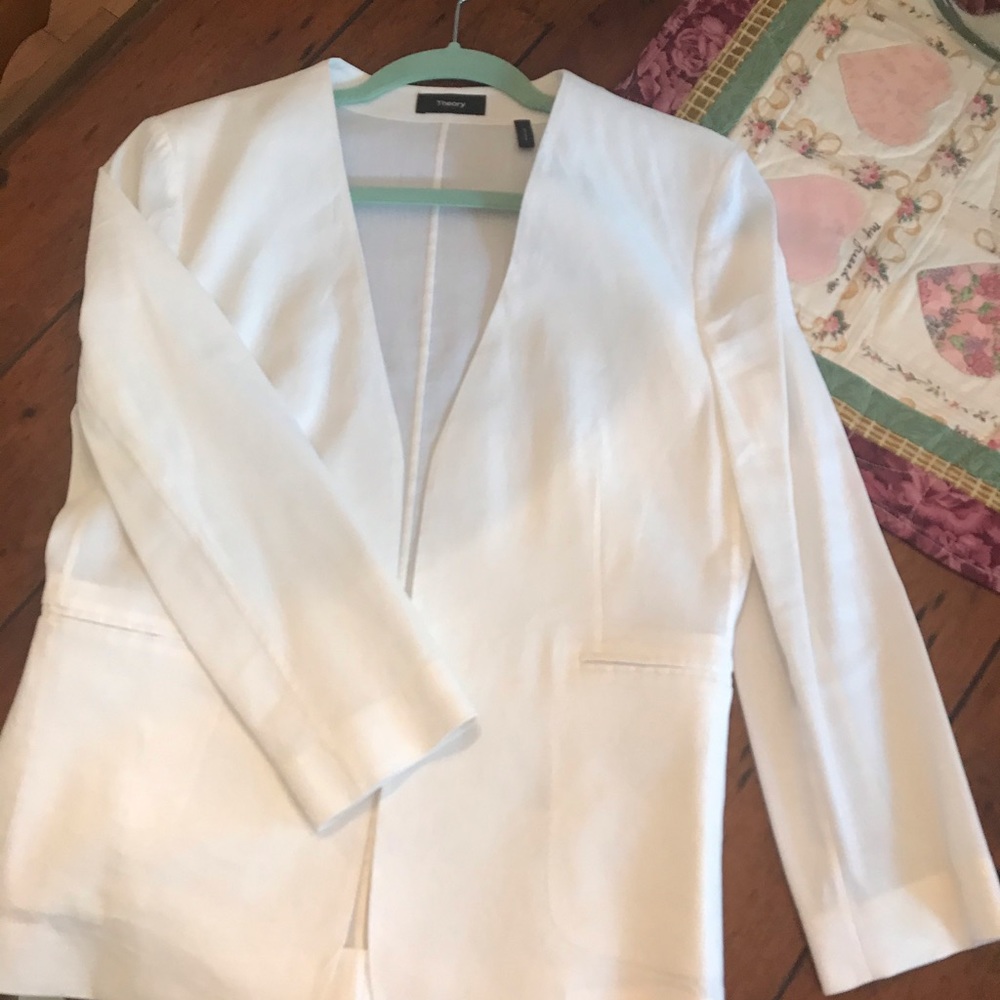 Theory crunch wash white linen open blazer